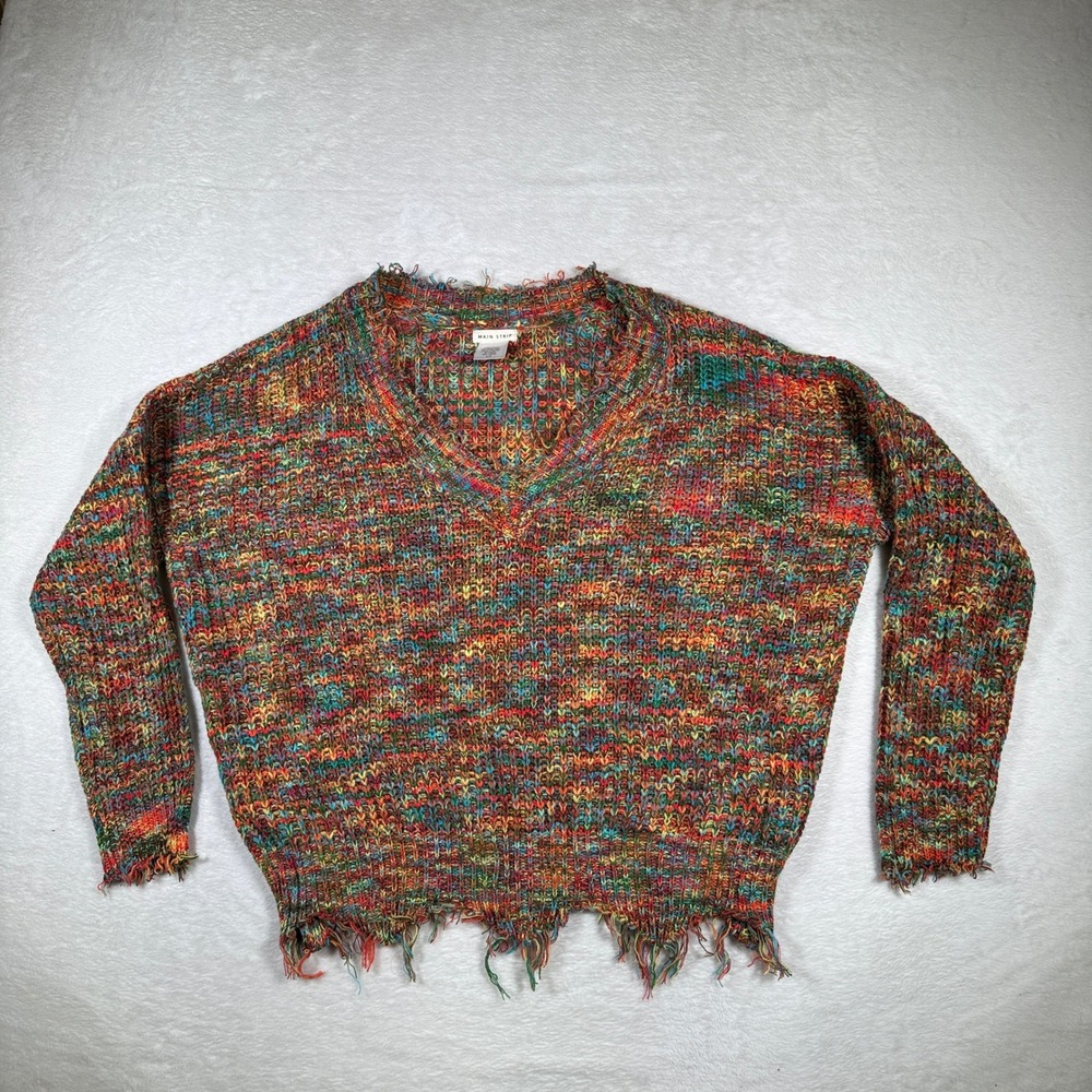 Main Strip Multicolor Knit‎ V Neck Sweater Distressed Frayed Hem Oversized L G